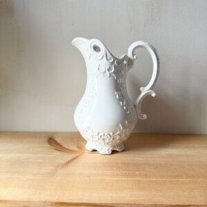 Vintage White Porcelain Pitcher | Ornate Embossed Floral | French Country
